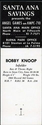 1965 Universal Match Santa Ana Savings and Loan Los Angeles Angels Matchbooks #NNO Bobby Knoop Back