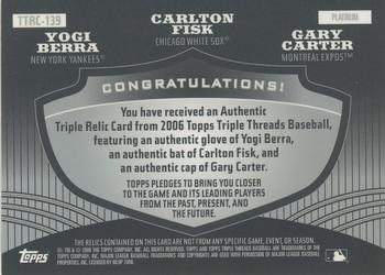 2006 Topps Triple Threads - Relic Combos Platinum #TTRC-139 Yogi Berra / Carlton Fisk / Gary Carter Back