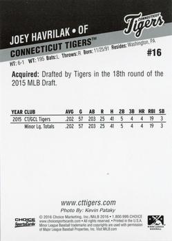 2016 Choice Connecticut Tigers #16 Joey Havrilak Back