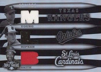 2006 Topps Triple Threads - White Whale Relic Combos #WW-608 Michael Young / Cal Ripken Jr. / Ozzie Smith Front