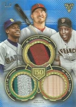 2019 Topps Triple Threads - 150 Years of Baseball Triple Relic Sapphire #150YR-MGT Ken Griffey Jr. / Willie Mays / Mike Trout Front