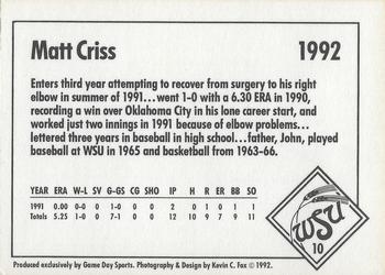 1992 Game Day Wichita State Shockers #10 Matt Criss Back