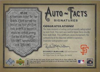 2006 Upper Deck Artifacts - Auto-Facts Signatures #AF-CK Jack Clark Back