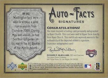 2006 Upper Deck Artifacts - Auto-Facts Signatures #AF-RC Ryan Church Back