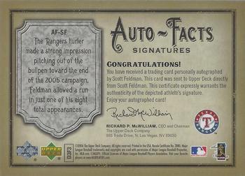2006 Upper Deck Artifacts - Auto-Facts Signatures #AF-SF Scott Feldman Back