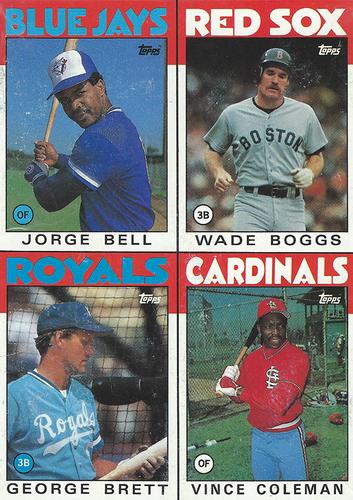 1986 Topps - Wax Box Bottom Panels #A-D Jorge Bell / Wade Boggs / George Brett / Vince Coleman Front