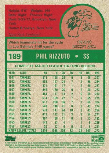 2019 Topps Archives 5x7 #189 Phil Rizzuto Back