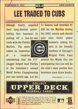 2006 Upper Deck First Pitch - Hot Stove Headlines #HS-5 Derrek Lee Back