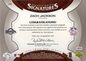 2006 Upper Deck Sweet Spot Update - Rookie Signatures Bat Barrel Silver Ink #177 Zach Jackson Back