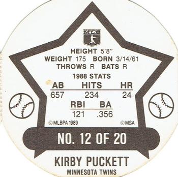 1989 Weis Winners Discs #12 Kirby Puckett Back