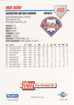 1992 SkyBox Team Sets AAA #493 Rick Schu Back