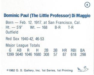 1982 G.S. Gallery All-Time Greats #4 Dom DiMaggio Back