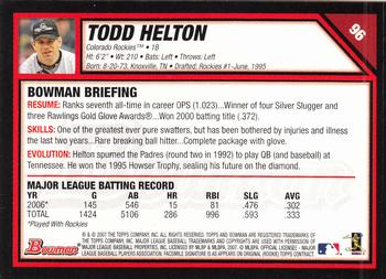 2007 Bowman - Gold #96 Todd Helton Back