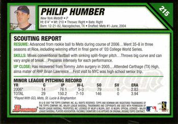 2007 Bowman - Gold #215 Philip Humber Back
