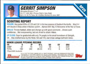 2007 Bowman - Prospects #BP29 Gerrit Simpson Back