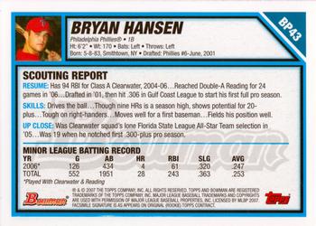 2007 Bowman - Prospects #BP43 Bryan Hansen Back
