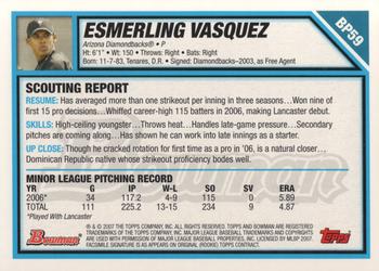 2007 Bowman - Prospects #BP59 Esmerling Vasquez Back