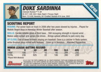 2007 Bowman - Prospects #BP88 Duke Sardinha Back