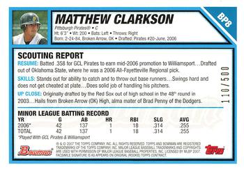 2007 Bowman - Prospects Blue #BP8 Matthew Clarkson Back