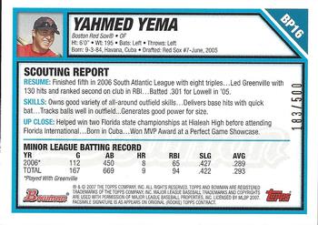2007 Bowman - Prospects Blue #BP16 Yahmed Yema Back