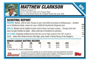 2007 Bowman - Prospects Orange #BP8 Matthew Clarkson Back