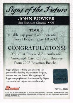2007 Bowman - Signs of the Future #SOF-JBB John Bowker Back