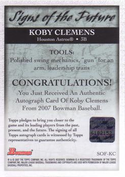 2007 Bowman - Signs of the Future #SOF-KC Koby Clemens Back