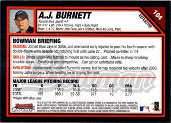 2007 Bowman Chrome - Refractors #104 A.J. Burnett Back
