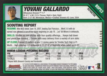 2007 Bowman Draft Picks & Prospects - Chrome Blue Refractors #BDP53 Yovani Gallardo Back