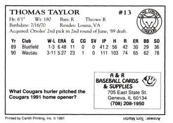 1991 A&R Kane County Cougars #NNO Thomas Taylor Back