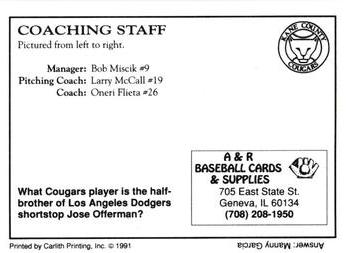 1991 A&R Kane County Cougars #NNO Coaching Staff (Bob Miscik / Larry McCall / Oneri Fleita) Back