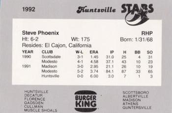 1992 Burger King Huntsville Stars #NNO Steve Phoenix Back