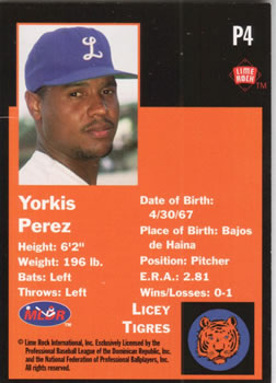 1993 Lime Rock Dominican Winter League - Diamond Stars Promos #P4 Yorkis Perez Back