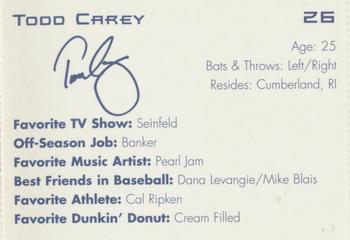 1997 Dunkin' Donuts Pawtucket Red Sox #NNO Todd Carey Back