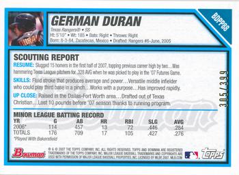 2007 Bowman Draft Picks & Prospects - Prospects Blue #BDPP88 German Duran Back