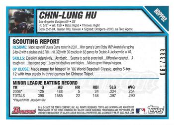 2007 Bowman Draft Picks & Prospects - Prospects Blue #BDPP92 Chin-Lung Hu Back