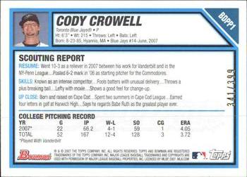 2007 Bowman Draft Picks & Prospects - Prospects Blue #BDPP1 Cody Crowell Back