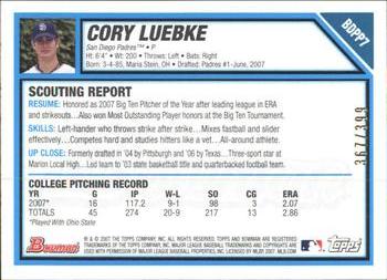 2007 Bowman Draft Picks & Prospects - Prospects Blue #BDPP7 Cory Luebke Back