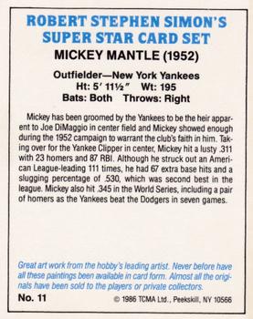 1986 TCMA Simon's Super Stars #11 Mickey Mantle Back