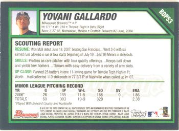 2007 Bowman Draft Picks & Prospects - Gold #BDP53 Yovani Gallardo Back