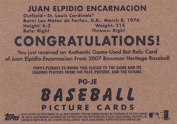 2007 Bowman Heritage - Pieces of Greatness #PG-JE Juan Encarnacion Back