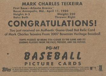 2007 Bowman Heritage - Pieces of Greatness #PG-MT Mark Teixeira Back