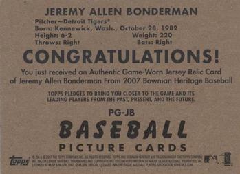 2007 Bowman Heritage - Pieces of Greatness #PG-JB Jeremy Bonderman Back