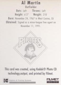 1995 Kodak Pittsburgh Pirates #NNO Al Martin Back