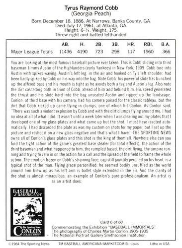 1984 Marketcom Conlon Baseball Immortals #6 Ty Cobb Back