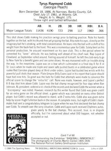 1984 Marketcom Conlon Baseball Immortals #7 Ty Cobb Back