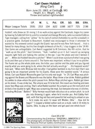 1984 Marketcom Conlon Baseball Immortals #28 Carl Hubbell Back
