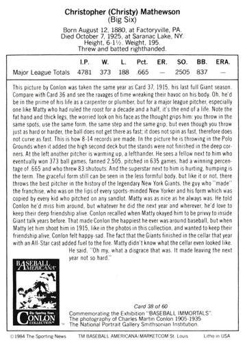 1984 Marketcom Conlon Baseball Immortals #38 Christy Mathewson Back