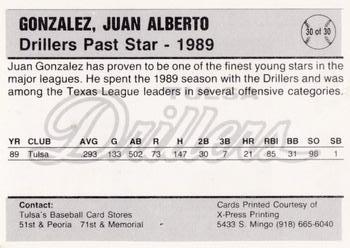 1991 Tulsa Drillers #30 Juan Gonzalez Back