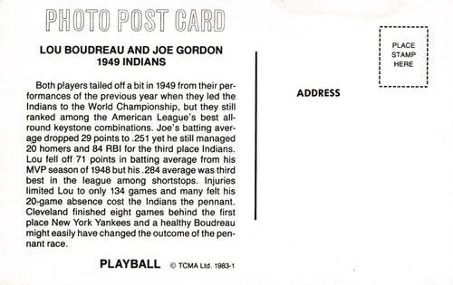 1983 TCMA Play Ball Postcards #1 Lou Boudreau / Joe Gordon Back